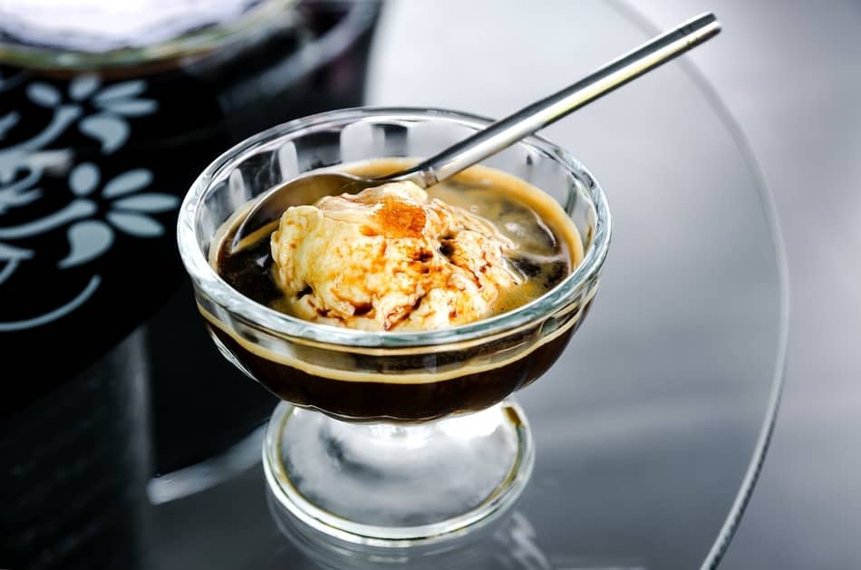 glass bowl of caffe al affogato (espresso affogato) with spoon