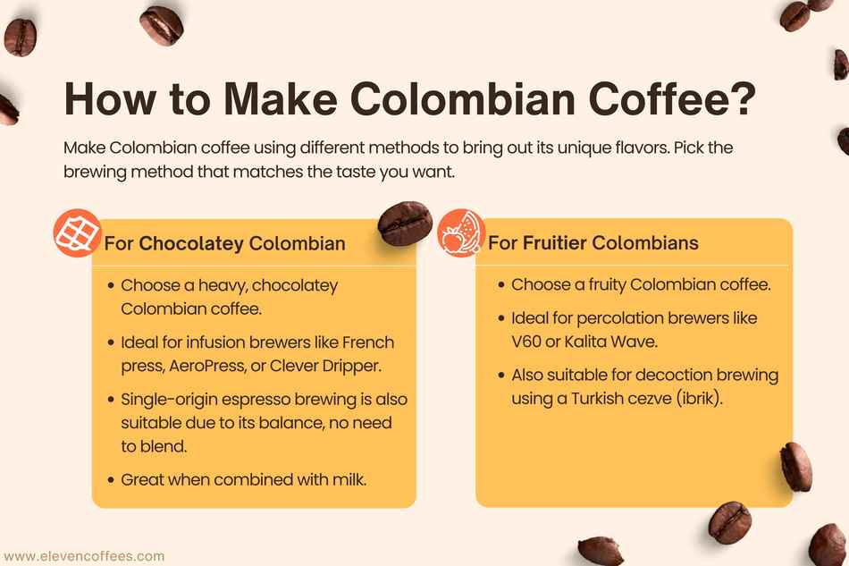 Guide on making Colombia coffees using infusion brewers like French press or AeroPress for a chocolatey flavor