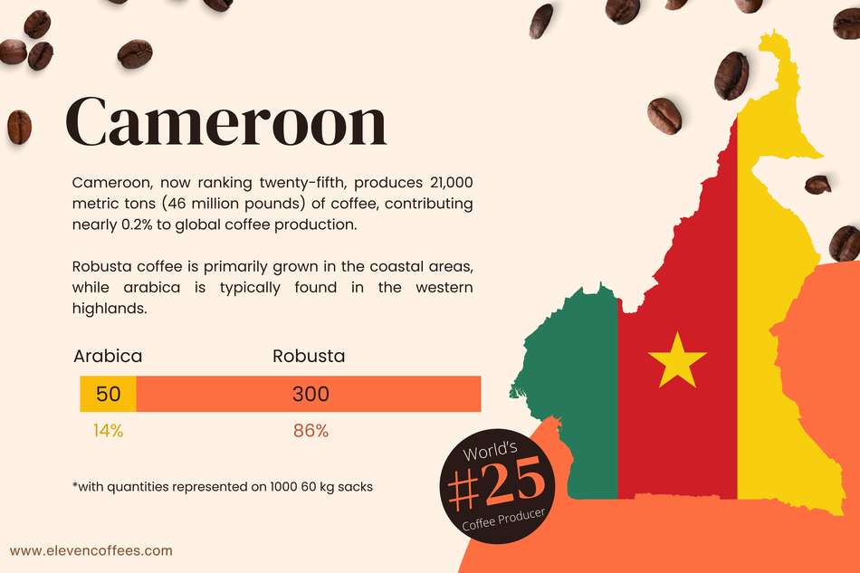 Cameroon: World's 25th largest coffee producer, producing 21,000 metric tons of coffee