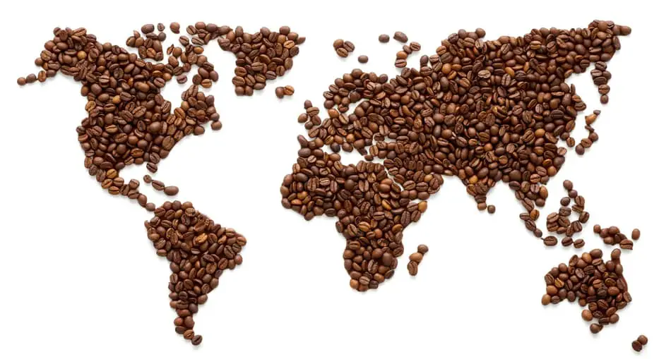 world map made up using whole coffee beans