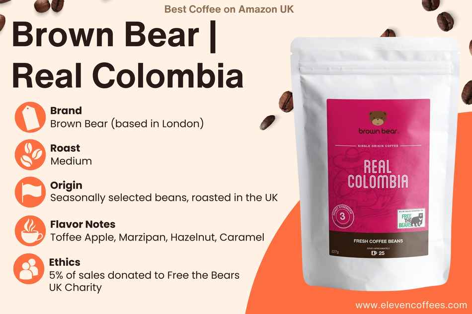 Brown Bear Real Colombia coffee, featuring toffee apple, marzipan, hazelnut, and caramel notes, one of the best coffees on Amazon UK