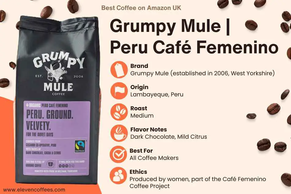 Second pick from Grumpy Mule is the Peru Cafe Femenino with dark chocolate and milf citrus  flavour notes that best for all coffee maker he best coffees on Amazon UK.