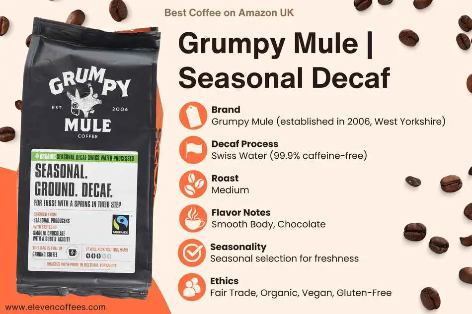 Decaffeinated coffee from Grumpy Mule, featuring their Seasonal Decaf blend, offering smooth flavor without the caffeine, available on Amazon UK