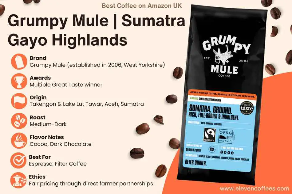 Descriptions of Grumpy Mule Sumatra Gayo Highlands ground coffee the best coffees on Amazon UK.