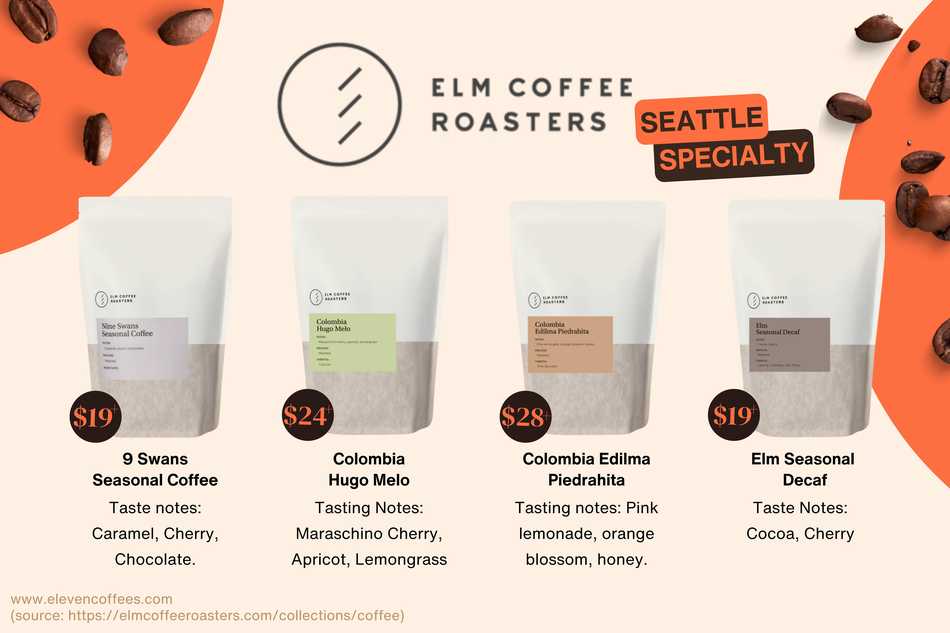 Elm Coffee Roaster special coffee bean selection in Seattle, 9 swans seasonal coffee, Colombia Hugo Melo, Colombia Edilma Piedrahita, Elm Seasonal Decaf