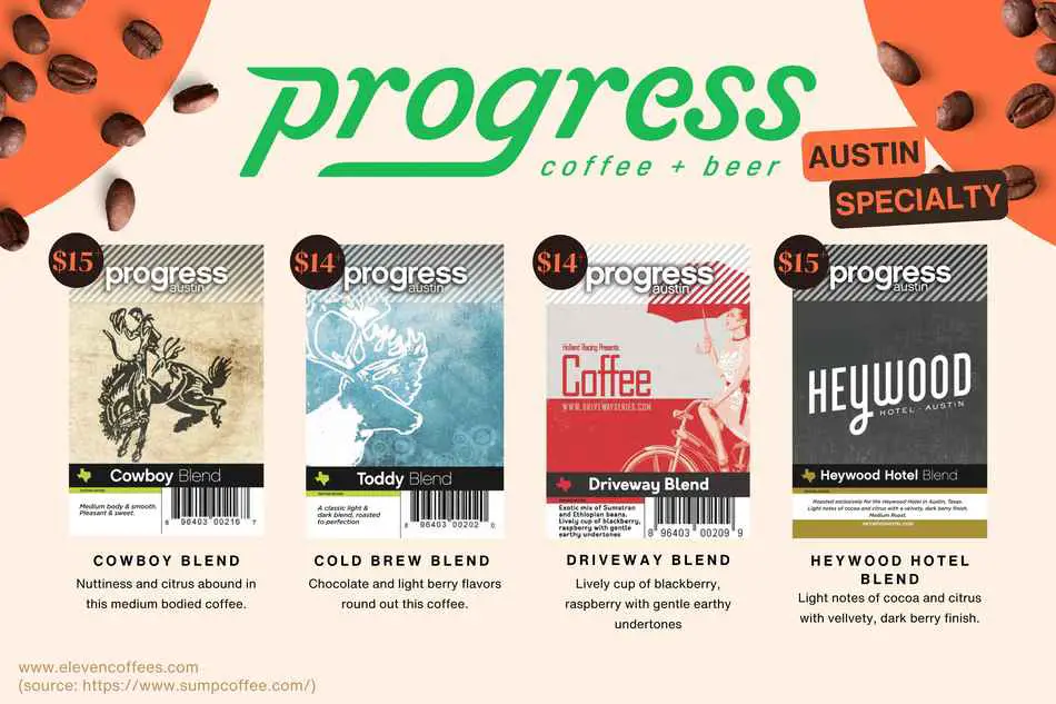 Progress Coffee offers a variety of selections including Cowboy Blend, Bold Brew Blend, Driveway Blend, and Heywood Hotel Blend.