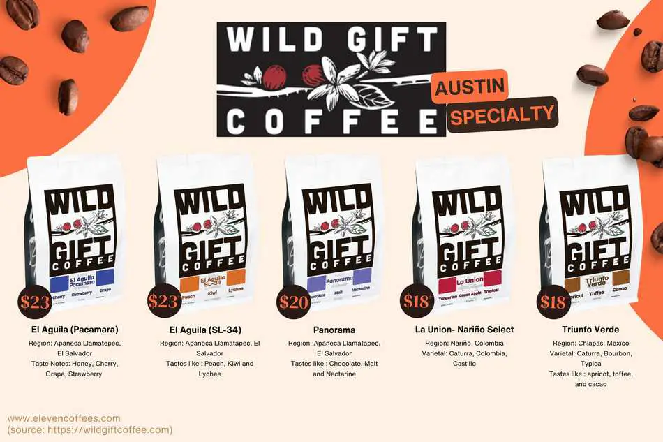 Wild Gift Coffee: a variety coffee roaster based in Austin, offering beans from El Salvador, Colombia, and Mexico.