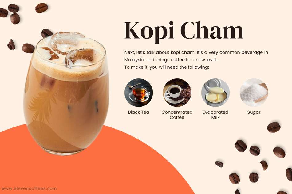 Kopi Cham is a popular Malaysian beverage, blends black tea, concentrated coffee, evaporated milk, and sugar for a unique taste