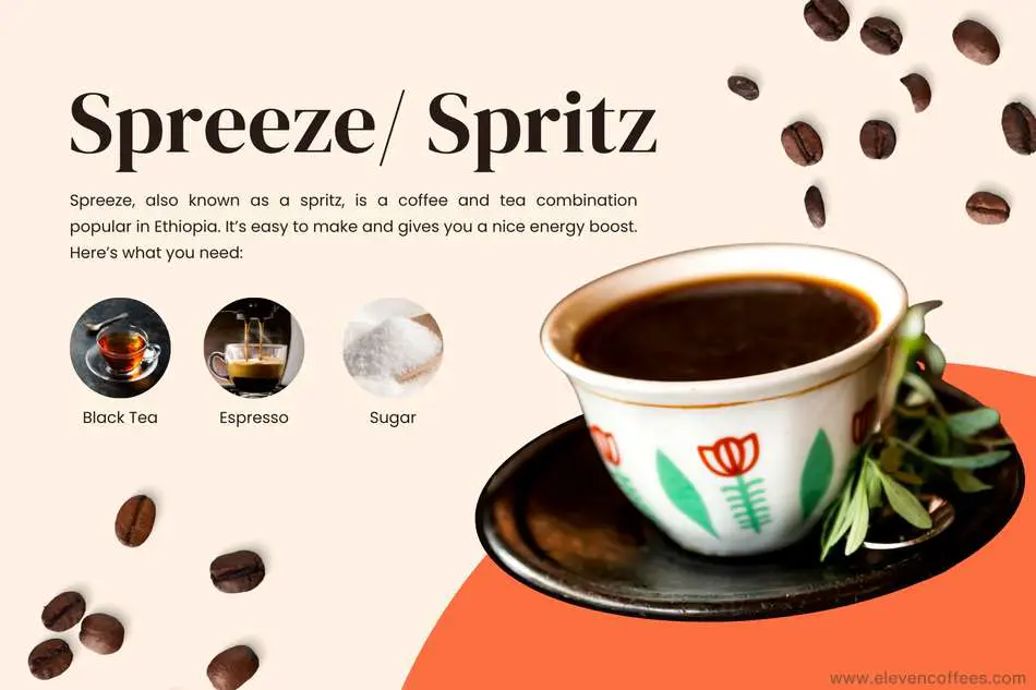 Spreeze (or Spritz) is a popular Ethiopian drink, combining espresso, black tea, and sugar for a unique coffee and tea experience.