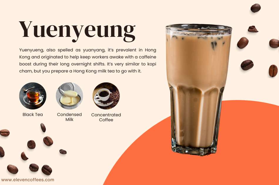 Yuenyueng, a popular Hong Kong drink, combines black tea, condensed milk, and concentrated coffee for a flavorful caffeine boost.