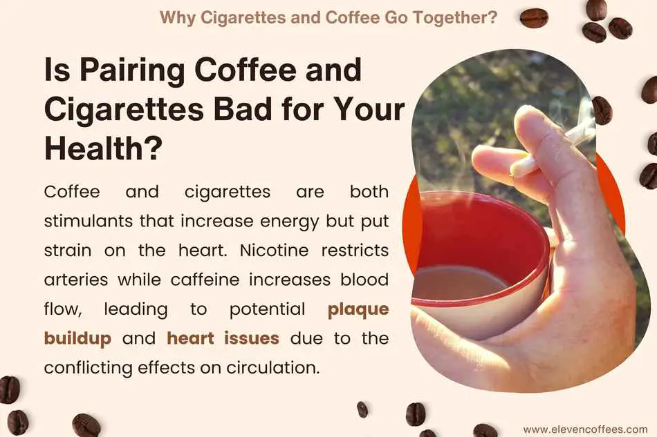 Explanation of the health effects of combining coffee and cigarettes: both are stimulants that increase energy but strain the heart, with nicotine restricting blood flow and caffeine increasing it, potentially leading to plaque buildup in arteries.